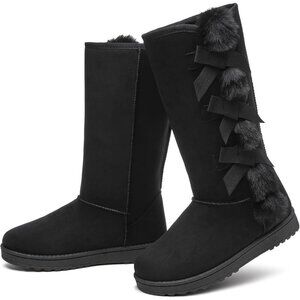 Women's Warm Mid Calf Boots Fuzzy Ladies Booties Classic Bow Tie Black